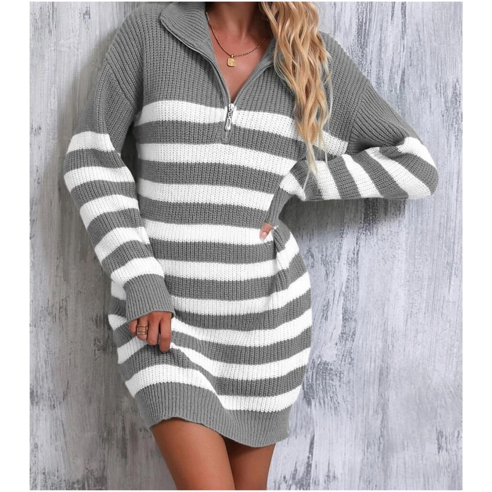 Cozy Color Block Stripes Zipper Sweater Dress - Picture 1 of 12